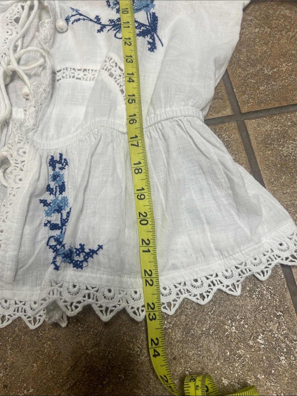 Jennifer & Grace Beautiful White Tie-Front Blouse with Blue Floral Embroidery - Picture 10 of 11